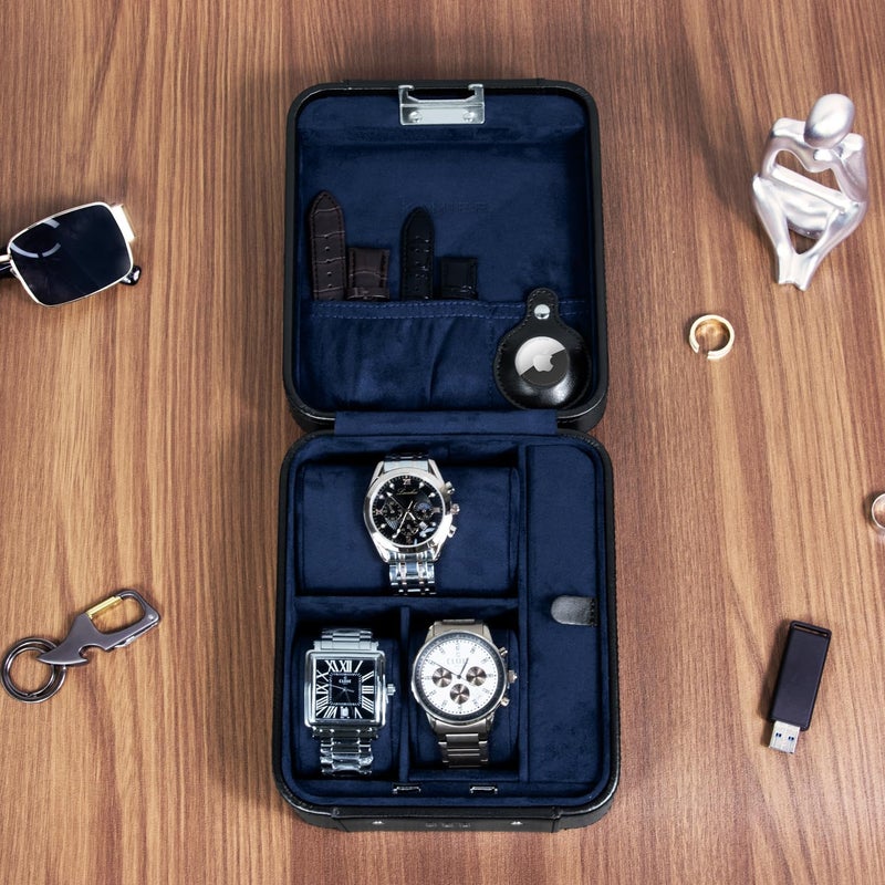 KAMIER Watch Case with Combination Lock - 4 Watch Storage and Jewelry Organizer - Watch Travel Case for Ring and Watch Storage, PU Leather Travel Watch Case, Ideal for Gift (With Gift Box),Black - Image 3